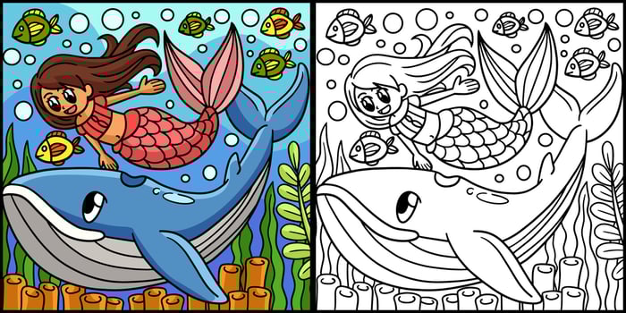 Mermaid With Whale Coloring Page Illustration vector