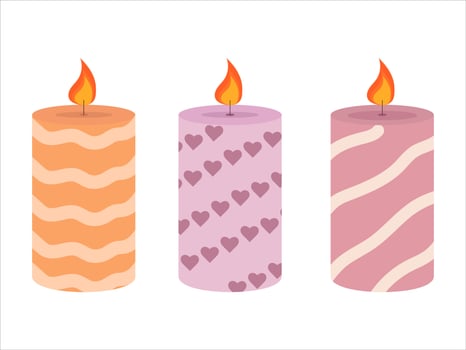 Burning cute wax and paraffin scented candles. Candles decor for home and comfort, holiday vector
