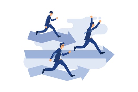 Businessman run straight through finish line to success and winning the race. Business competition concept. flat vector illustration