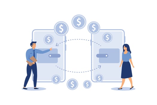 financial transactions, non-cash payment transactions. Pos-terminal and payment systems, currency, coins, NFC payment system - flat Vector, money transfer vector