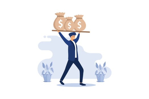 Leverage financial growth, Money bag, Gold coin, joyful businessman with bags of money. vector illustration