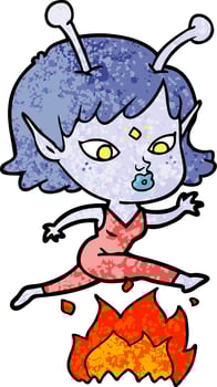 pretty cartoon alien girl jumping over fire vector