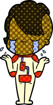 cartoon crying girl wearing space clothes vector