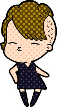 cartoon squinting girl in dress vector