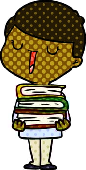 cartoon happy boy with stack of books vector
