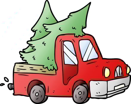 cartoon pickup truck carrying christmas trees vector