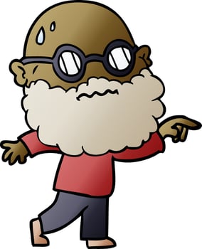 cartoon worried man with beard and spectacles pointing finger vector