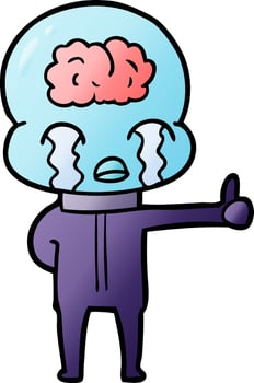 cartoon big brain alien crying but giving thumbs up symbol vector