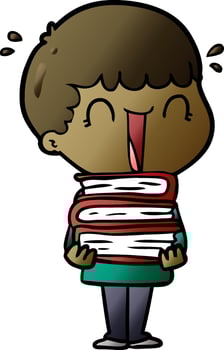laughing cartoon man holding stack of books vector