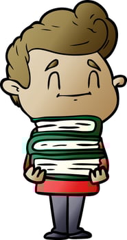 happy cartoon man with stack of new books vector