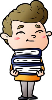 happy cartoon man with stack of new books vector