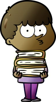 cartoon curious boy with lots of books vector