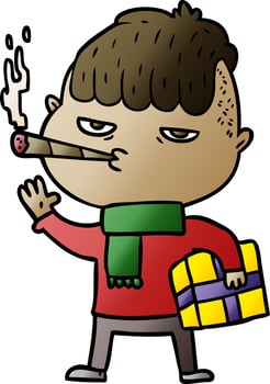 cartoon man smoking carrying christmas gift vector