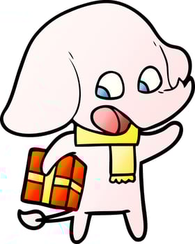 cute cartoon elephant with christmas present vector