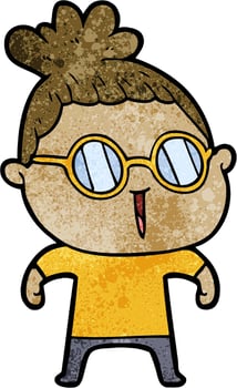 Retro grunge texture cartoon girl wearing glasses vector