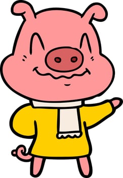 nervous cartoon pig wearing scarf vector