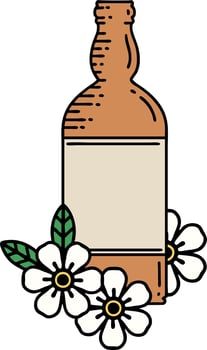 traditional tattoo of a rum bottle and flowers vector