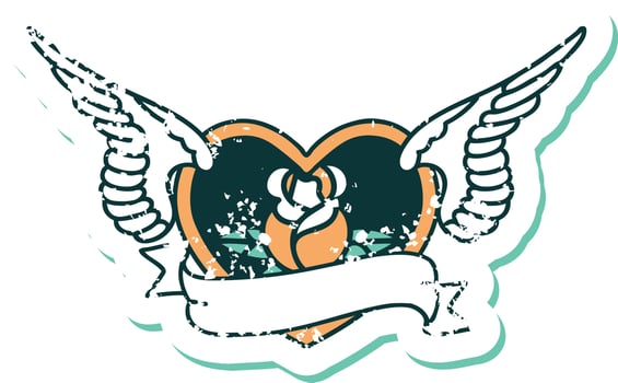 distressed sticker tattoo style icon of a flying heart with flowers and banner vector