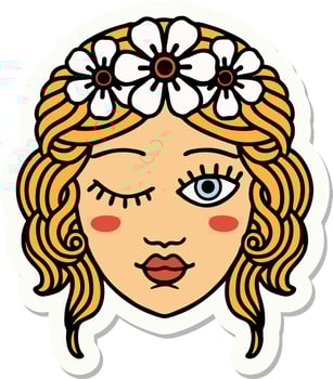 tattoo style sticker of a maidens face winking vector