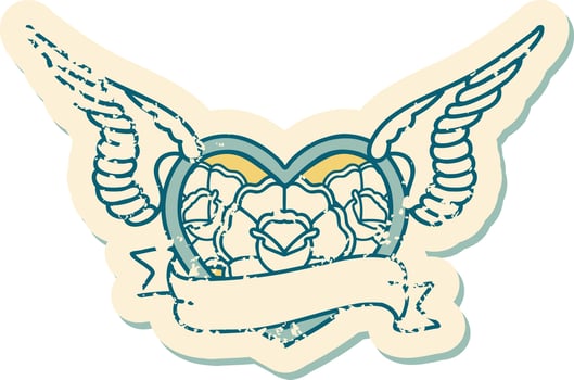 distressed sticker tattoo style icon of a flying heart with flowers and banner vector