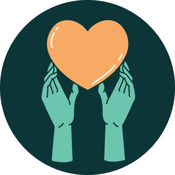 iconic tattoo style image of hands reaching for a heart vector