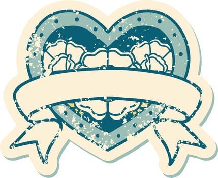 iconic distressed sticker tattoo style image of a heart and banner with flowers vector