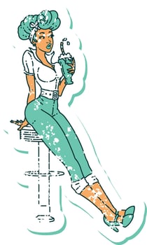 distressed sticker tattoo in traditional style of a pinup girl drinking a milkshake vector