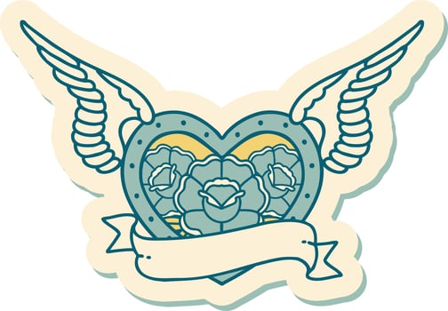 sticker of tattoo in traditional style of a flying heart with flowers and banner vector