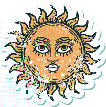 iconic distressed sticker tattoo style image of a sun with face vector