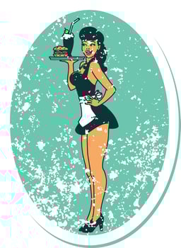 distressed sticker tattoo in traditional style of a pinup waitress girl vector