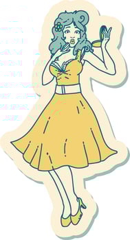 sticker of tattoo in traditional style of a pinup surprised girl vector