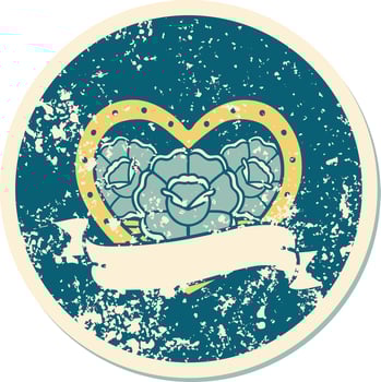 iconic distressed sticker tattoo style image of a heart and banner with flowers vector