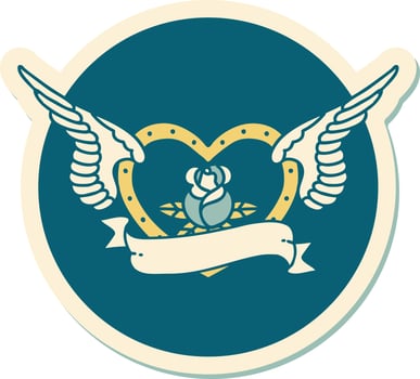 sticker of tattoo in traditional style of a flying heart with flowers and banner vector