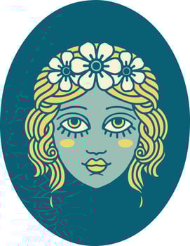 iconic tattoo style image of a maiden with flowers in her hair vector
