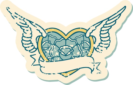 iconic distressed sticker tattoo style image of a flying heart with flowers and banner vector