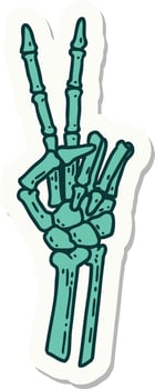 sticker of tattoo in traditional style of a skeleton giving a peace sign vector