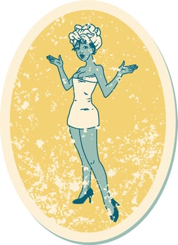 distressed sticker tattoo in traditional style of a pinup girl in towels vector