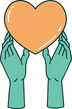 iconic tattoo style image of hands reaching for a heart vector