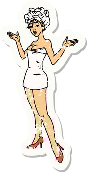 distressed sticker tattoo in traditional style of a pinup girl in towels vector