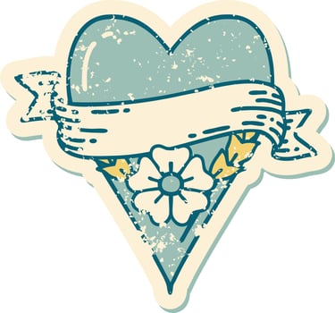 iconic distressed sticker tattoo style image of a heart flower and banner vector