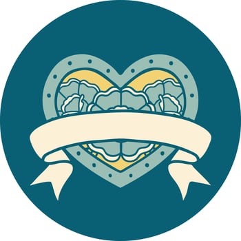 iconic tattoo style image of a heart and banner with flowers vector