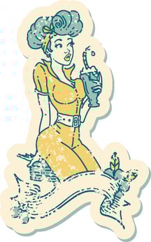 distressed sticker tattoo in traditional style of a pinup girl drinking a milkshake with banner vector