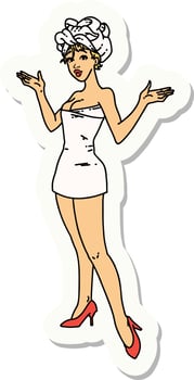 sticker of tattoo in traditional style of a pinup girl in towels vector