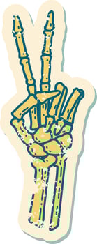 iconic distressed sticker tattoo style image of a skeleton giving a peace sign vector