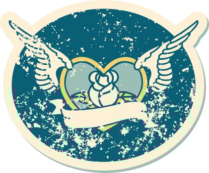 iconic distressed sticker tattoo style image of a flying heart with flowers and banner vector