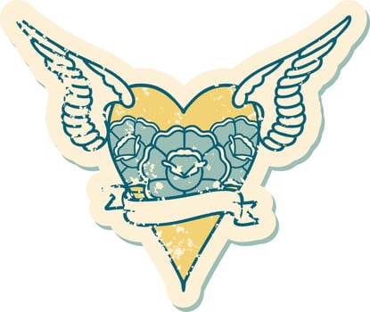iconic distressed sticker tattoo style image of a heart with wings and banner vector