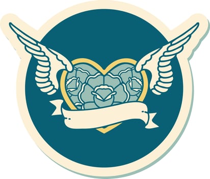 sticker of tattoo in traditional style of a flying heart with flowers and banner vector