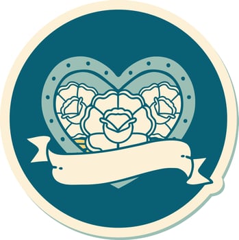sticker of tattoo in traditional style of a heart and banner with flowers vector