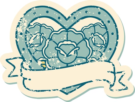 iconic distressed sticker tattoo style image of a heart and banner with flowers vector