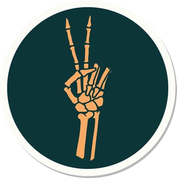sticker of tattoo in traditional style of a skeleton giving a peace sign vector